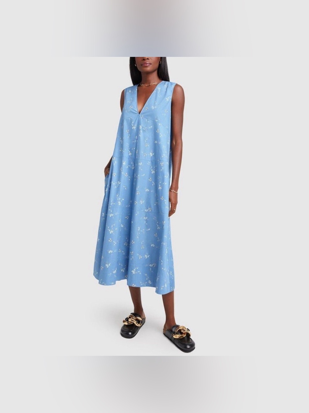 Goop G. Label Sleeveless V-Neck Blue Floral Midi Dress,Size 4
